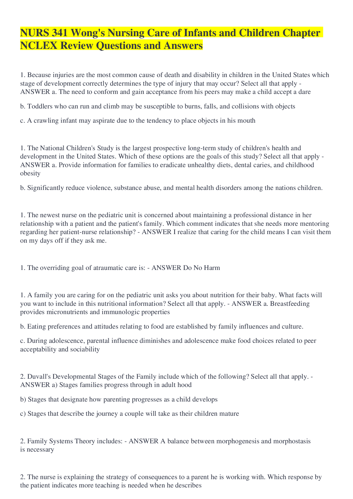 Preview image for NURS 341 Wong's Nursing Care of Infants and Children Chapter NCLEX Review Questions and Answers